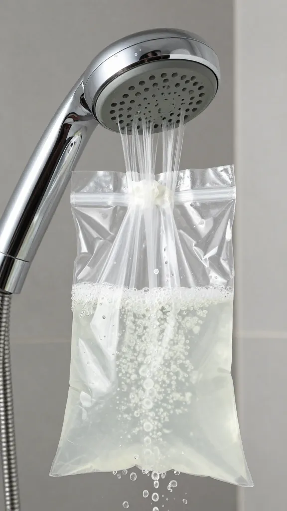 chrome shower head closeup soaking in vinegar-filled bag