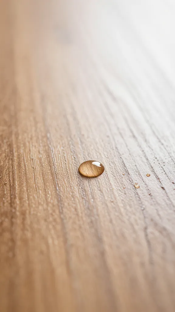 water droplet beading on glossy polyurethane hardwood plank closeup