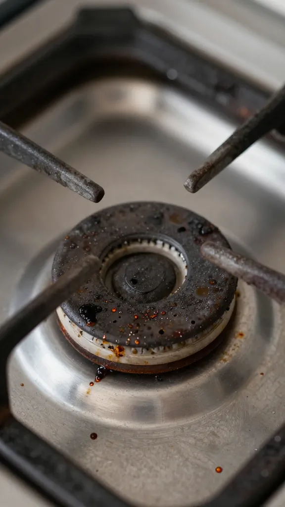 closeup of greasy gas stove burner grate with baked-on splatter