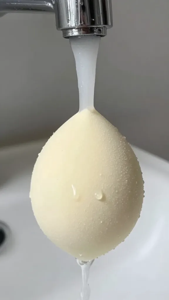 closeup of wet beauty blender under running faucet