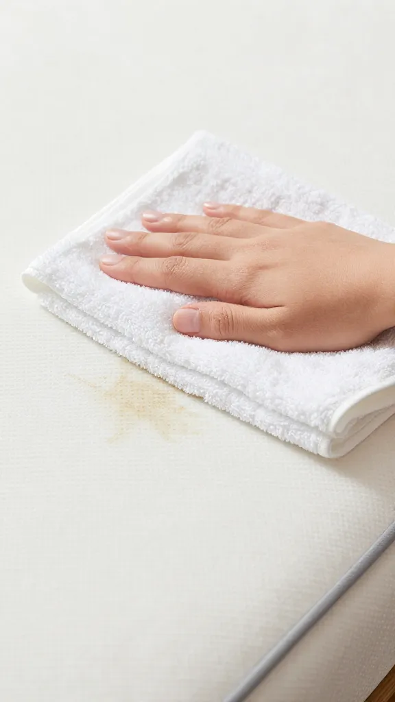 closeup of hand blotting mattress stain with white towel