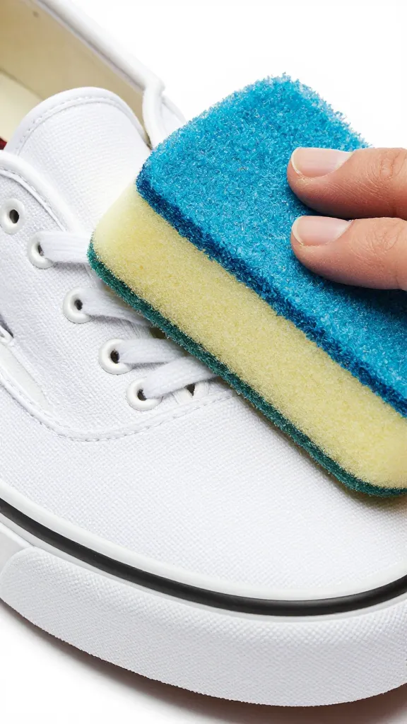 closeup white canvas Vans toe cap being wiped with sponge