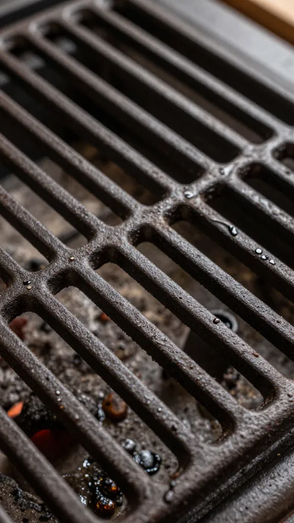 closeup of enameled cast iron stove grate with baked-on grease