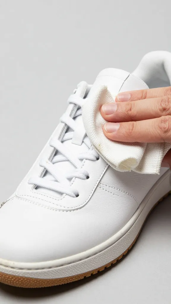 closeup white leather tennis shoe with muddy scuff being wiped