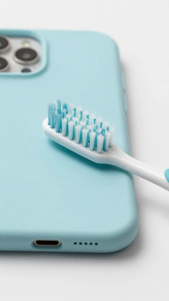 closeup silicone phone case being scrubbed with soft toothbrush
