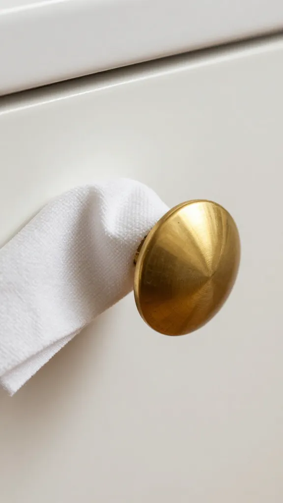closeup of a brass cabinet knob being polished with cloth