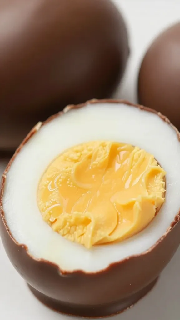 closeup keto peanut butter egg with glossy chocolate shell