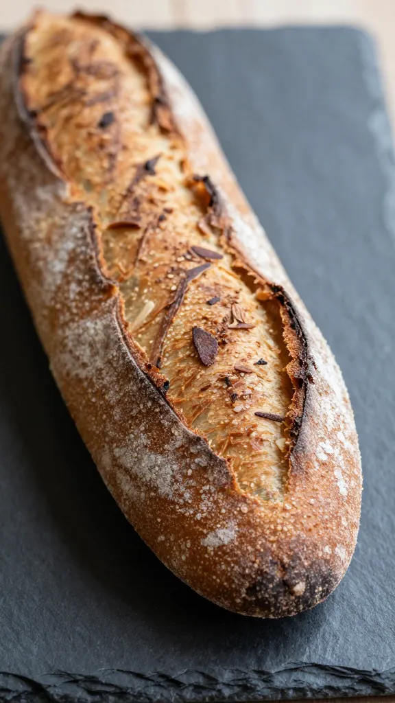 closeup of a single keto almond flour baguette, crackly crust on dark slate