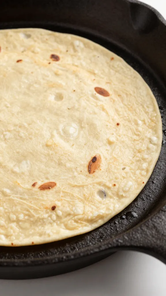 closeup keto almond flour tortilla on cast-iron skillet