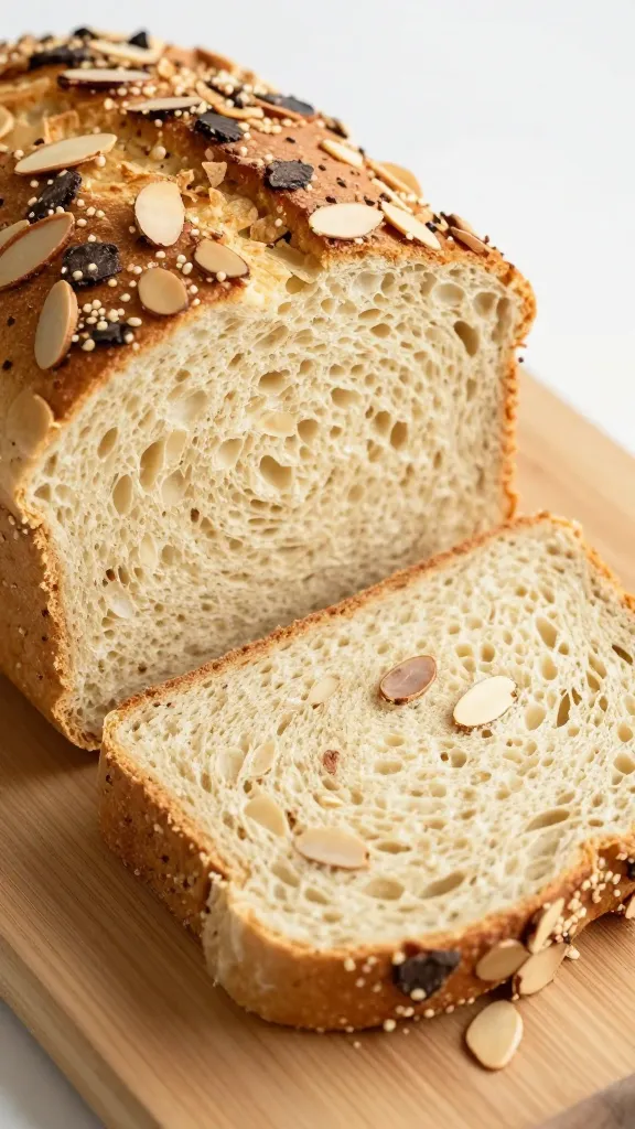 closeup slice of almond flour keto bread on cutting board