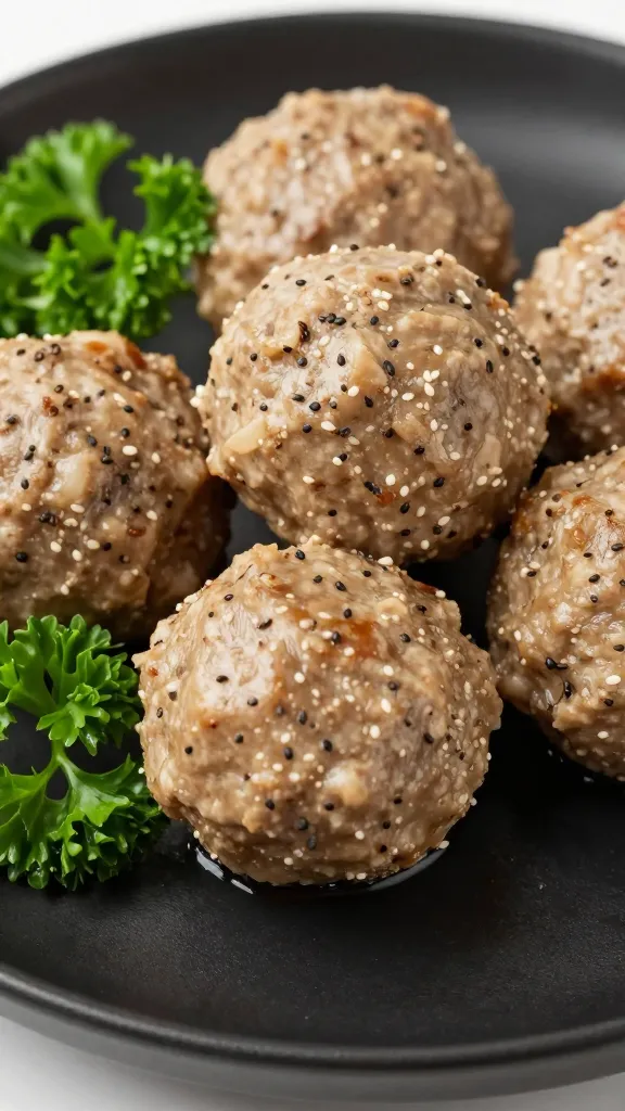 closeup keto meatball on matte black plate, parsley garnish
