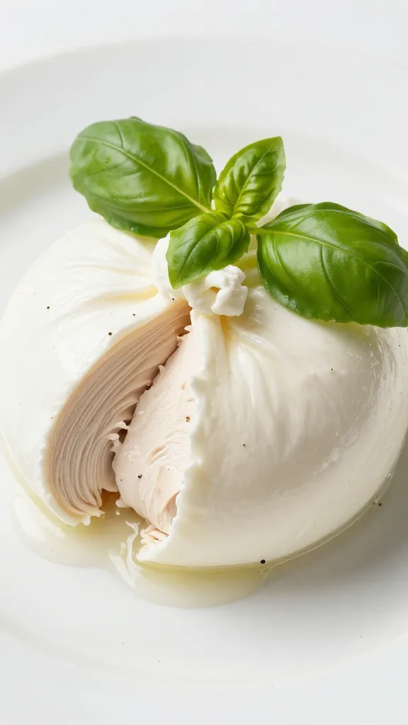 closeup of keto burrata chicken on white plate, basil garnish