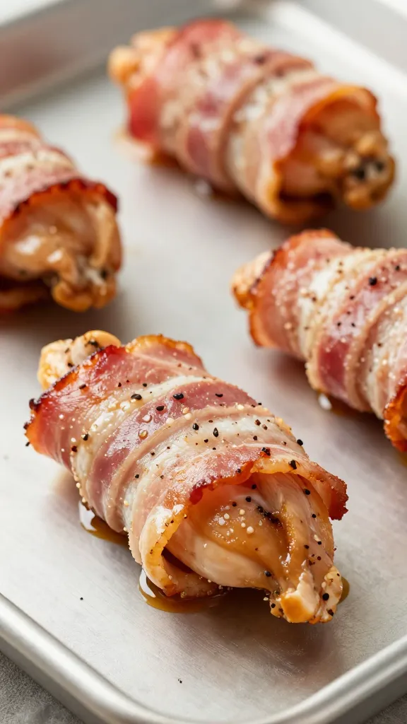 closeup of bacon-wrapped chicken tender on sheet pan