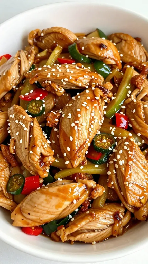 closeup bowl of keto chicken stir fry, sesame garnish