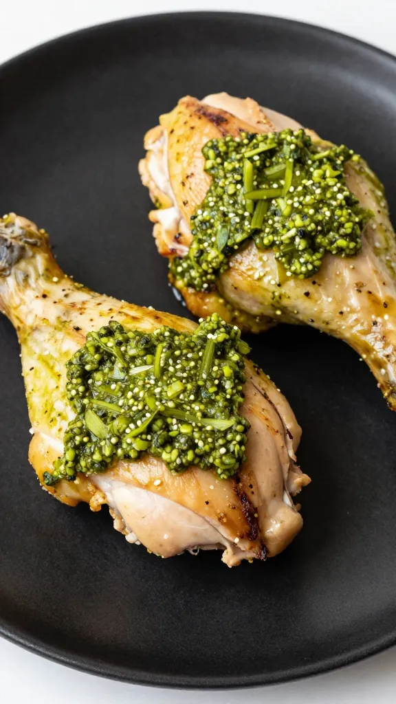closeup of keto pesto chicken thigh on matte black plate