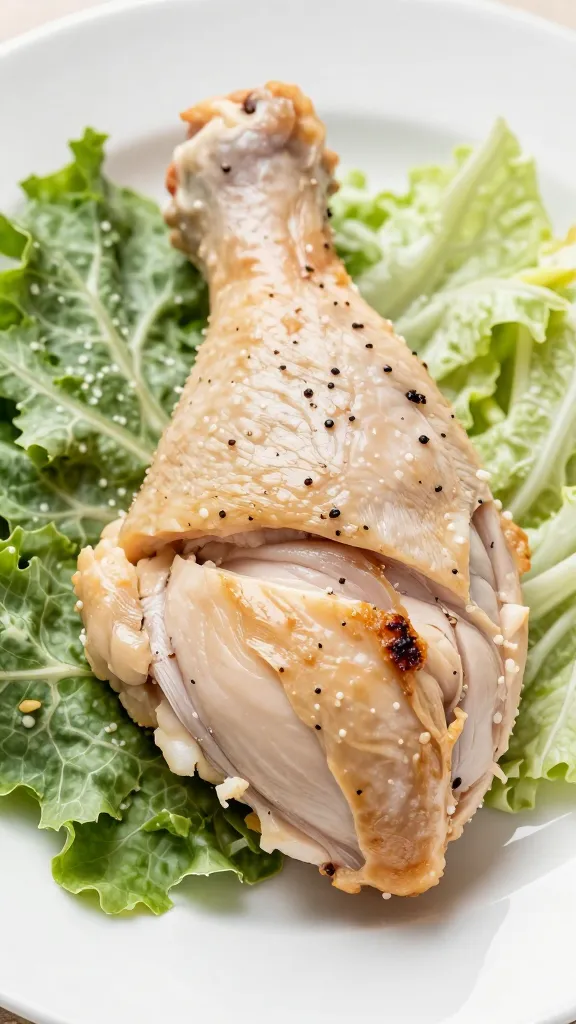 Closeup of keto Caesar chicken thigh on white plate