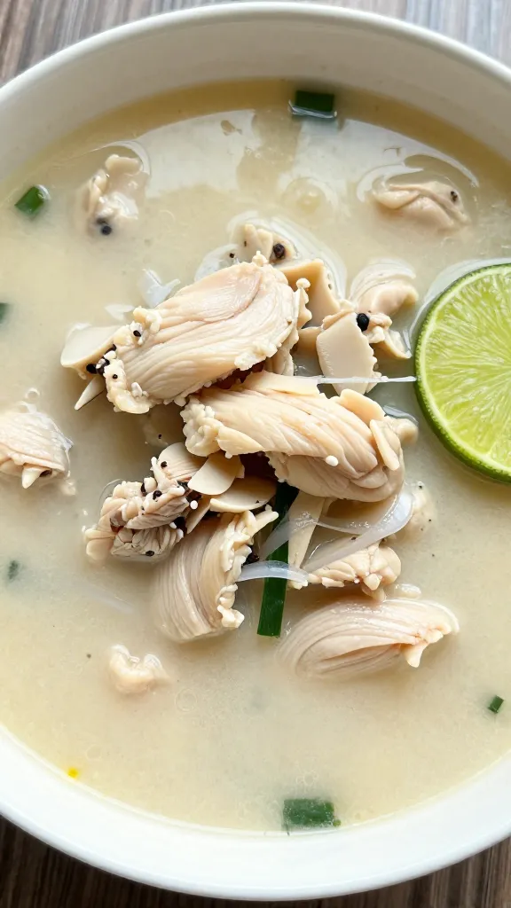 Closeup bowl of keto Thai chicken soup with coconut-lime broth