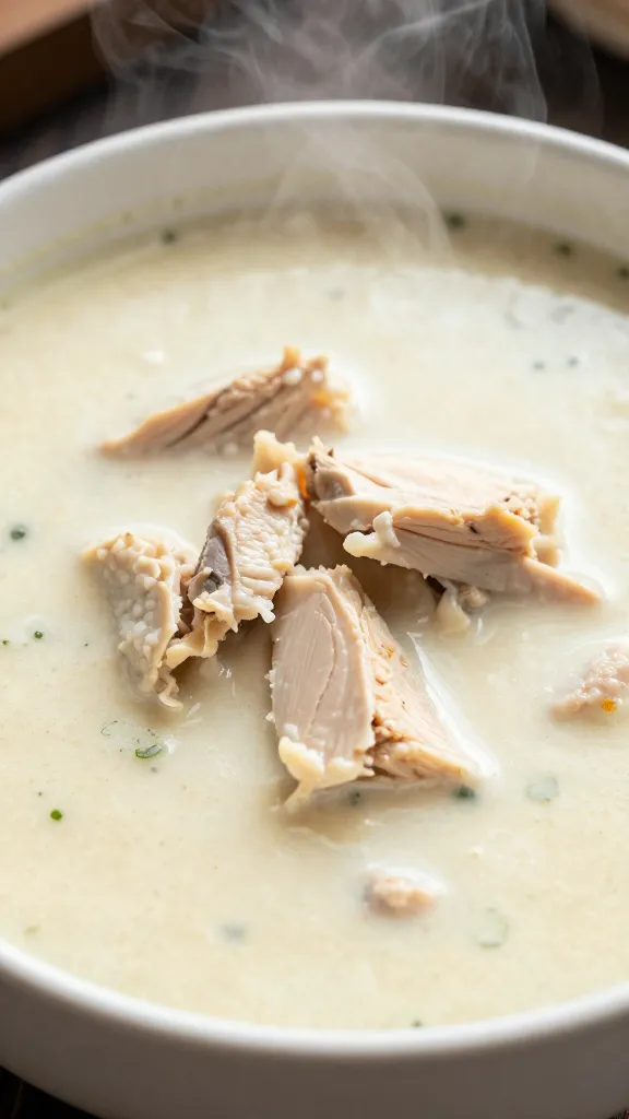 Closeup bowl of creamy keto chicken soup, steam rising