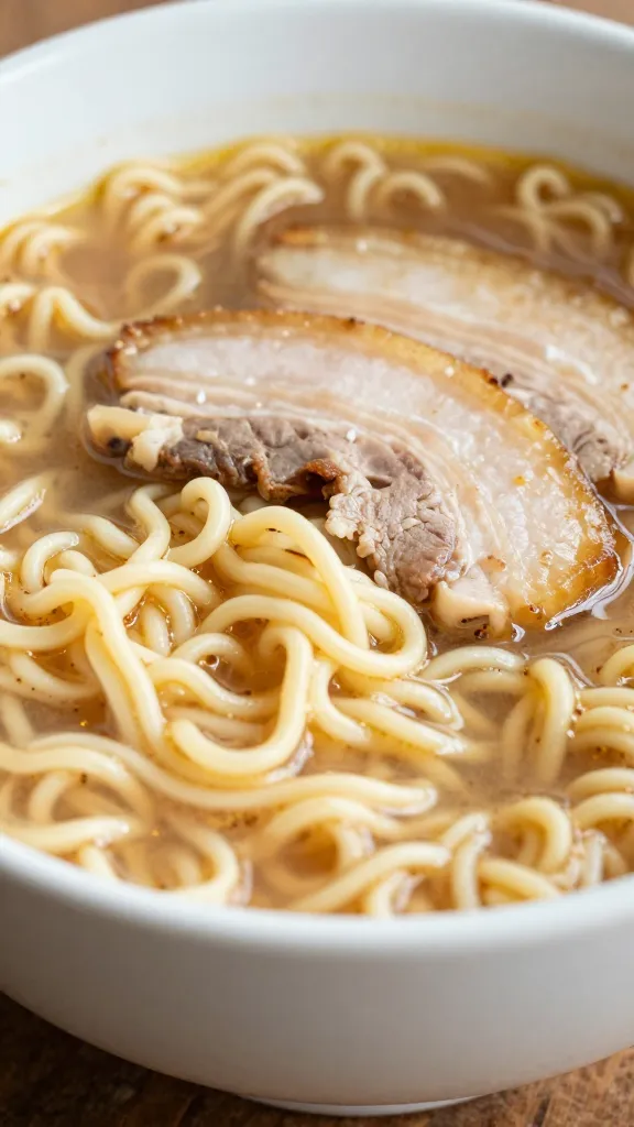 closeup bowl of keto shirataki ramen with pork belly