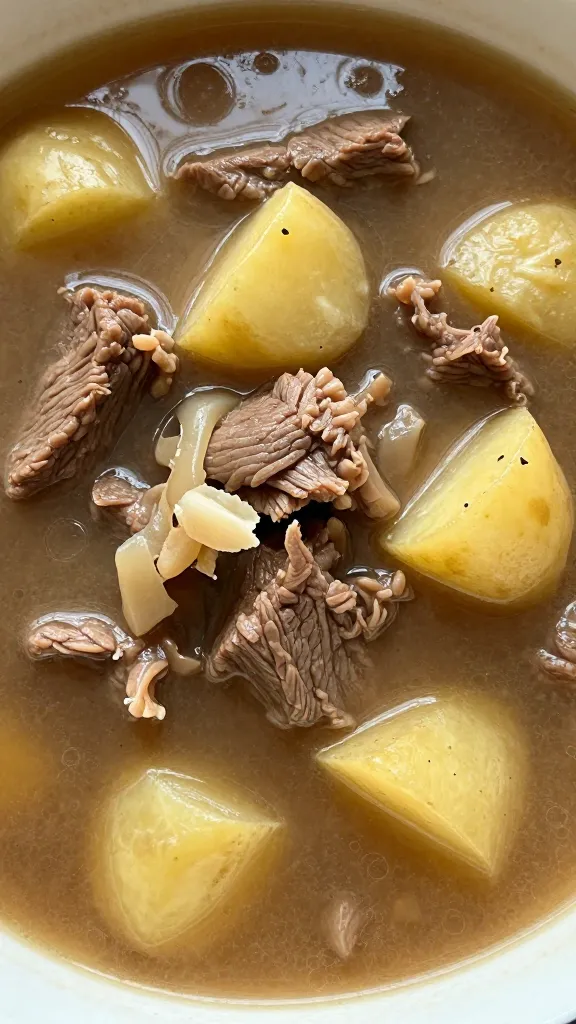 closeup bowl of keto beef stew, rich broth, no potatoes