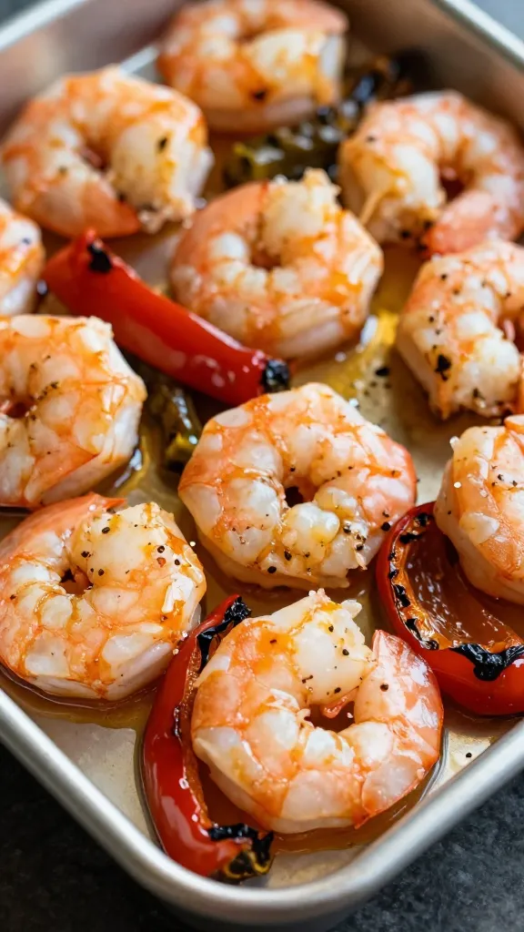 closeup of sheet pan keto shrimp with roasted peppers