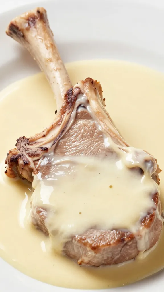 closeup bone-in pork chop in creamy garlic butter sauce