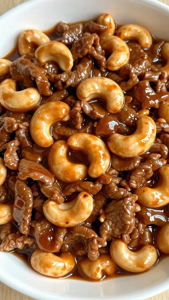 closeup bowl of keto cashew beef with glossy sauce