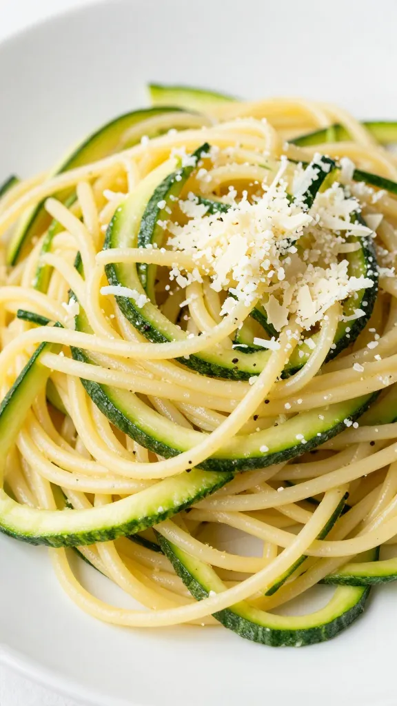 closeup of keto zucchini noodle spaghetti with parmesan on plate