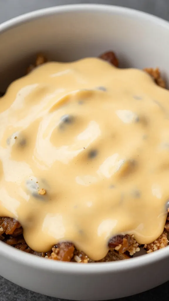 closeup bowl of keto hamburger helper with cheesy sauce