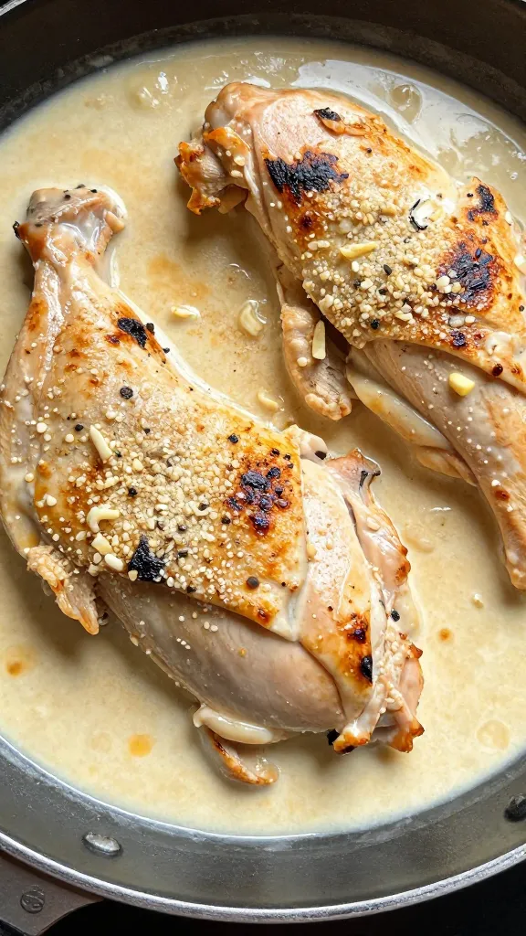 closeup skillet of keto Tuscan chicken in Parmesan cream