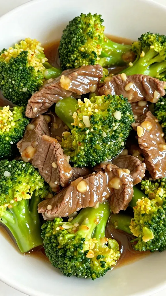 closeup bowl of keto beef and broccoli in glossy garlic sauce