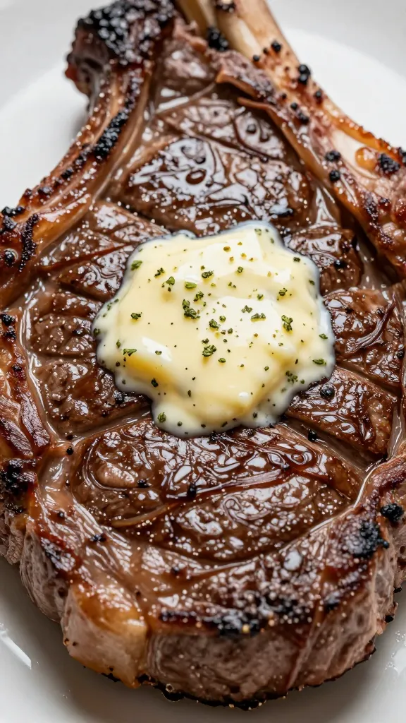 closeup ribeye steak with melting garlic herb butter