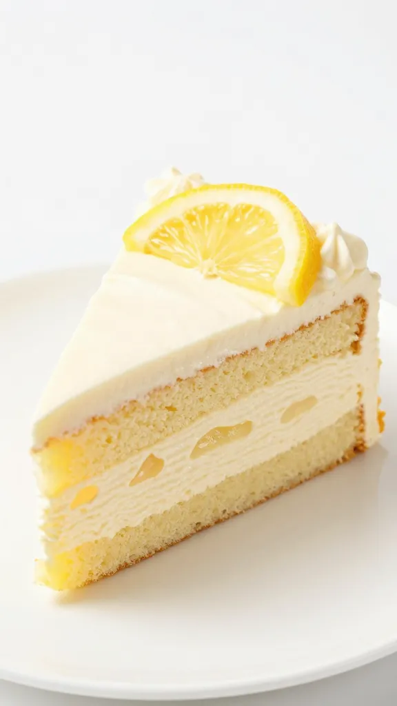 closeup slice of keto lemon cream cake on white plate