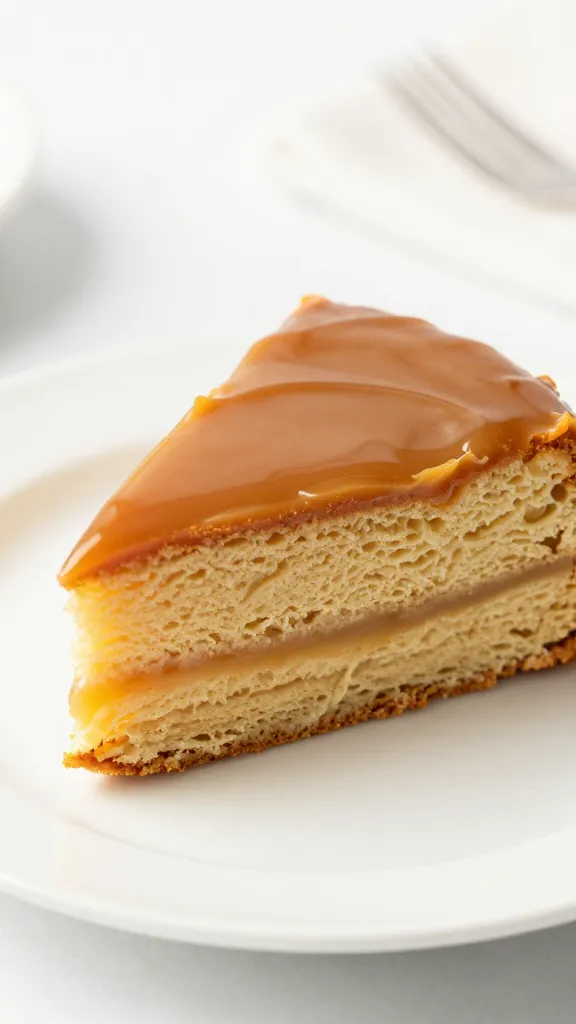 closeup slice of keto caramel cake on white plate