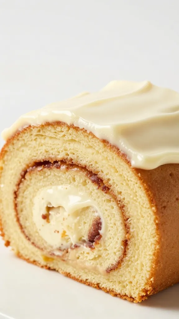 closeup keto cinnamon roll cake slice with cream cheese icing