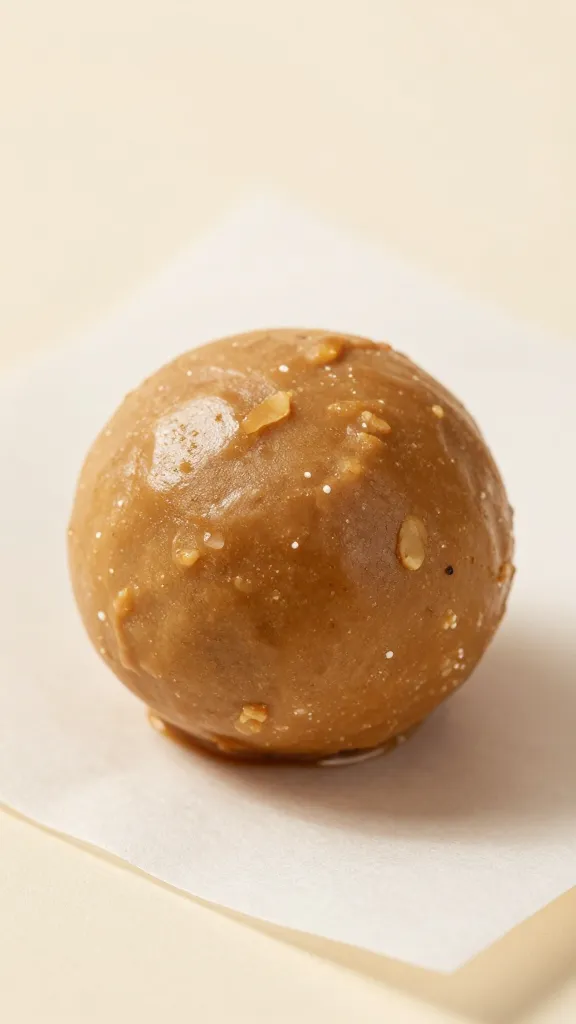 closeup of a single keto peanut butter fat bomb on parchment