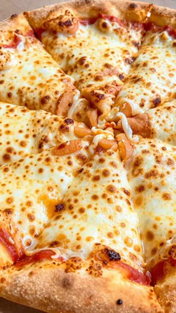 closeup of fathead pizza slice with bubbly mozzarella crust