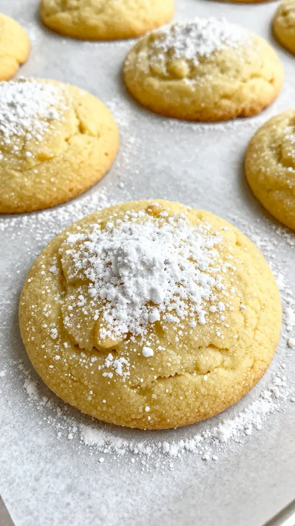 closeup keto lemon cookie on parchment, powdered sweetener dusting