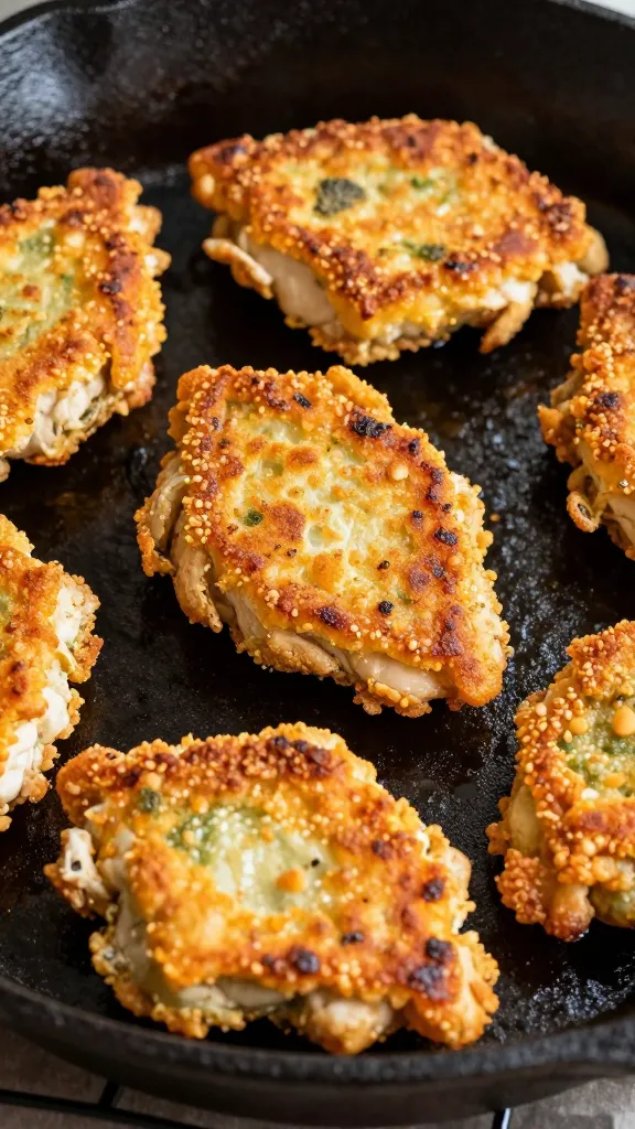 closeup keto chicken fritter on cast-iron skillet, crispy edges