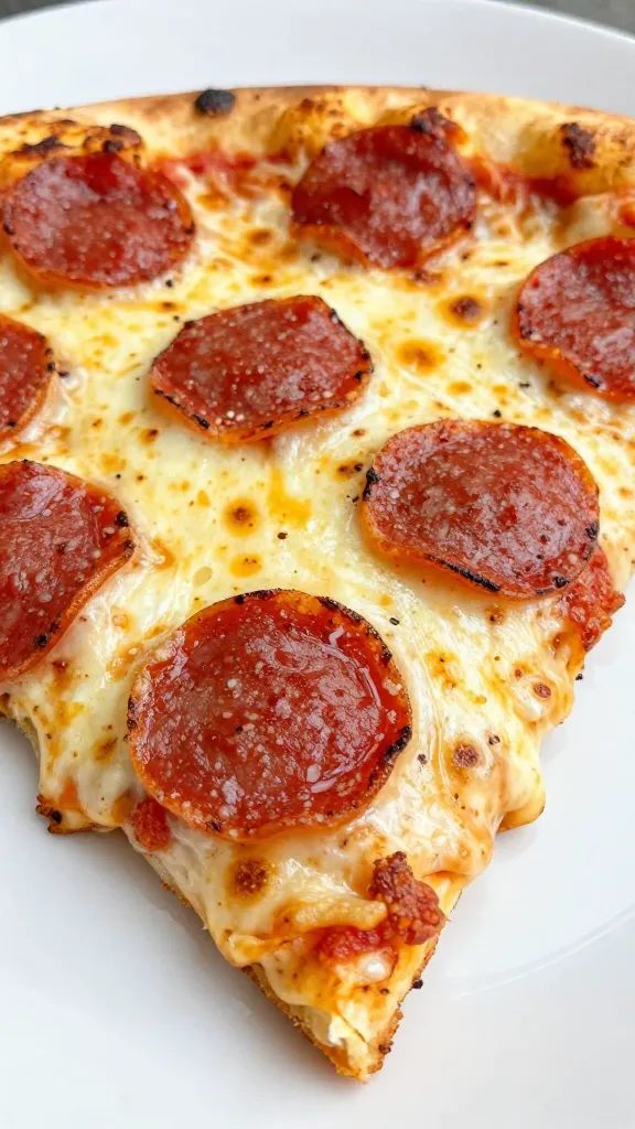 Closeup of keto pizza casserole slice with melted pepperoni
