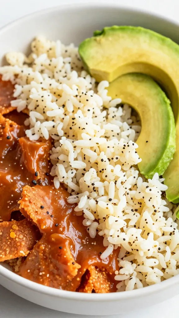 closeup keto enchilada bowl with cauliflower rice and avocado
