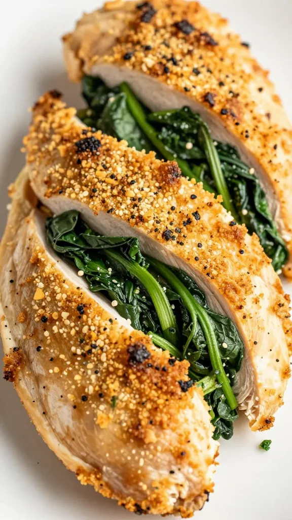 closeup of keto spinach-stuffed chicken breast, golden crust, sliced