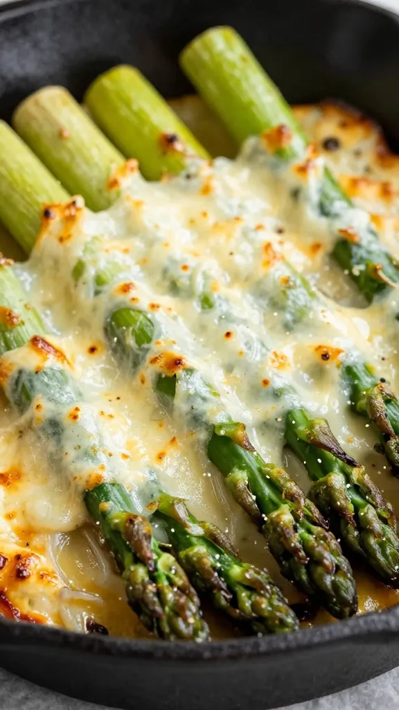 closeup of cheesy baked asparagus on cast-iron skillet