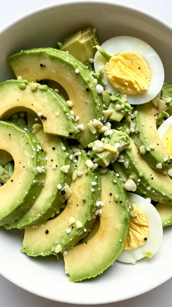 closeup bowl of keto avocado egg salad, natural light, overhead