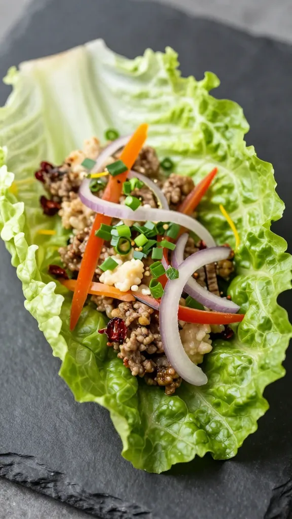 closeup keto taco lettuce wrap in romaine boat on slate