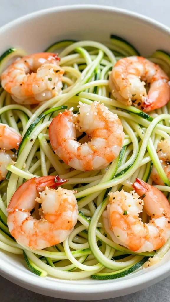 closeup bowl of keto zucchini noodles with garlic shrimp