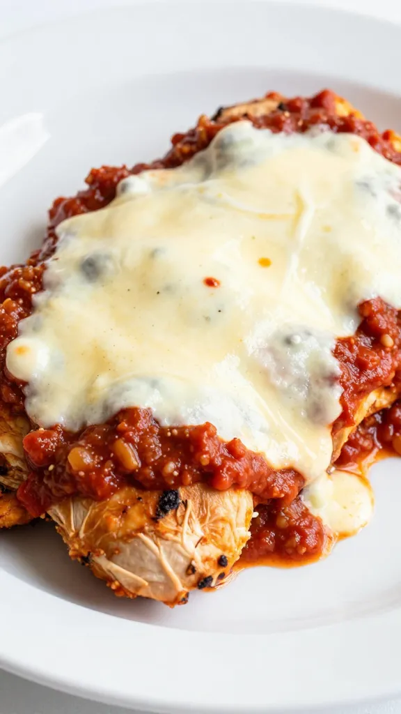closeup keto chicken parmesan on white plate, marinara and mozzarella
